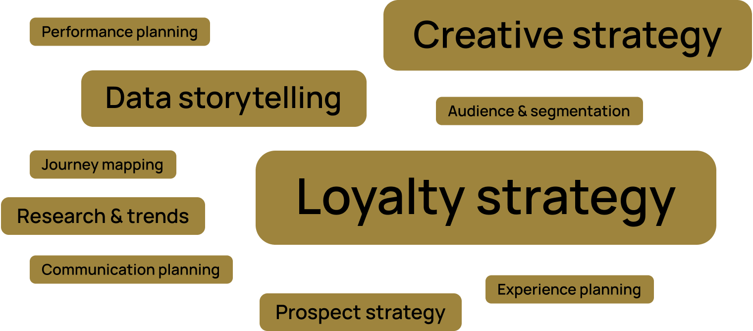 Graphic showcasing components of  CRMOne’s strategy services, including loyalty strategy, creative strategy, data storytelling, and performance planning.