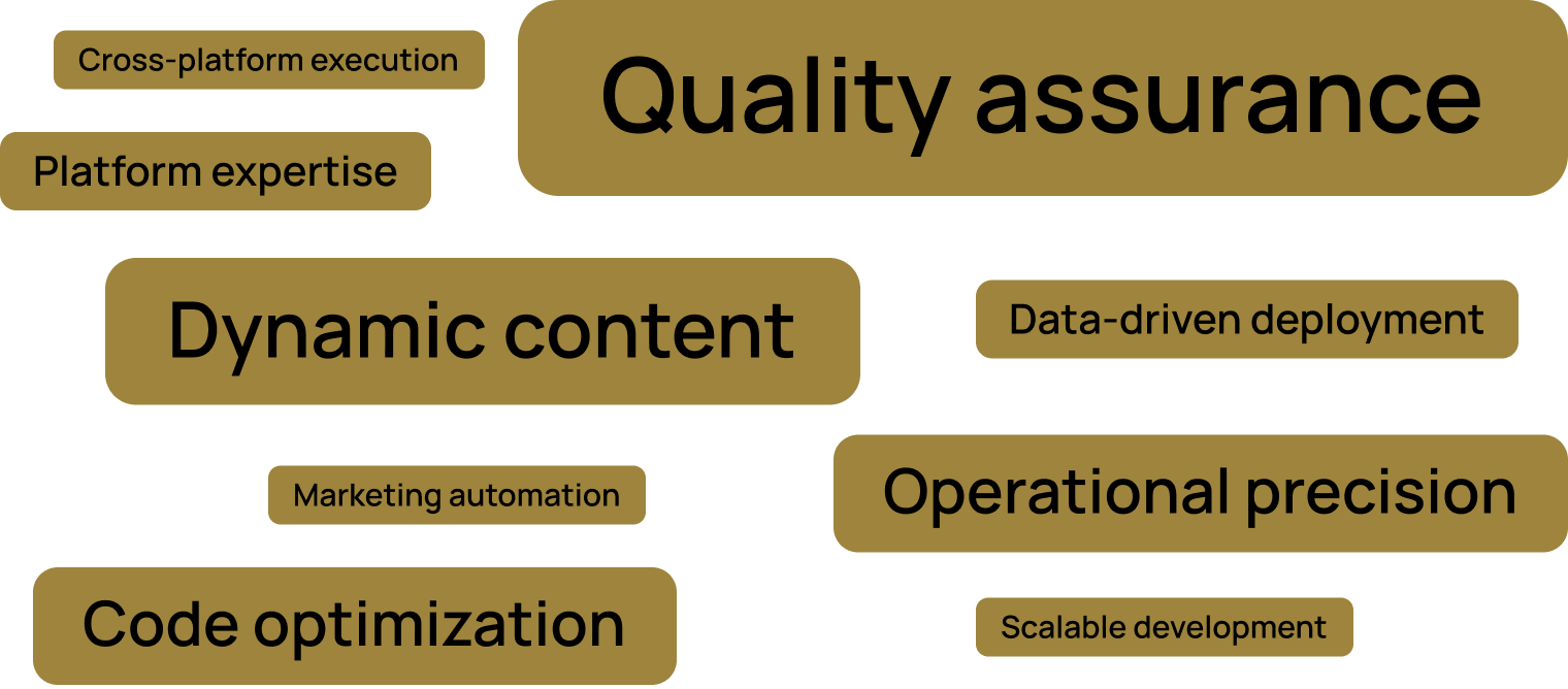 Graphic highlighting CRMOne’s technology services, including quality assurance, dynamic content, code optimization, and operational precision.